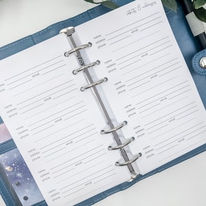 Impreso Insertos de contactos y planificador de direcciones de tamaño personal / 10 páginas a doble cara / para Kikki K mediano o Filofax / agenda de recarga MM del planificador