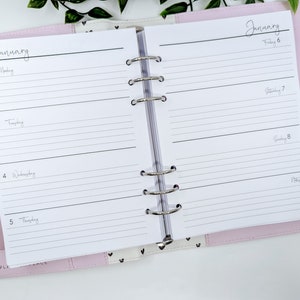 A5 Weekly Planner Refill for Filofax or Ring Binder - Horizontal Weekly with Notes layout A5 planner inserts