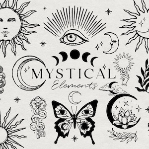 Éléments mystiques dessinés à la main - création de logo - tatouage - illustrations vectorielles - ésotérique - mystique - dessinés à la main - PNG - clipart