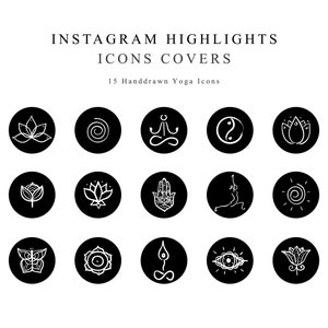 Instagram Story Highlights Cover Yoga - Meditation Icons - Handdrawn Icons - White on Black Handdrawn Icons Covers for Instagram - Yoga