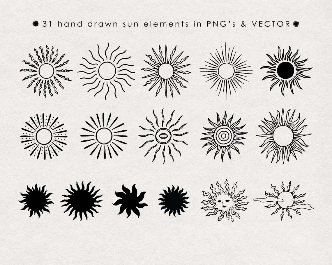 Sunlight Pattern Elements Handdrawn Sun Elements - Logo Design- Tattoo - Vector Illustrations ...