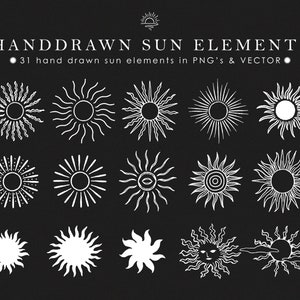 May include: A set of 31 hand-drawn sun elements in black and white. The sun elements are in various styles, including simple circles with rays, detailed sun faces, and stylised sunbursts.