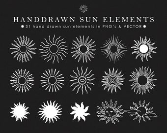 Weiße Handgezeichnete Sonnen-Elemente - Logo Design - Tattoo - Vektor Illustrationen - Esoterisch - Mystisch - Handgezeichnet