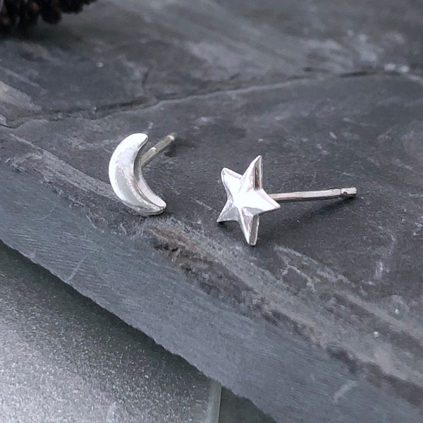 Solid Silver Tiny Star and Moon studs, a modern twist on a simple stud - wear one in each ear or great for multiple peircings.