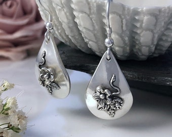 Tiny Flower Drop Earrings in Fine Silver, These beautiful handmade earrings are part of my exclusive English Country Garden collection