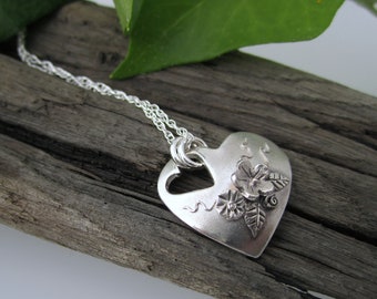 Small Silver Heart Pendant with Flowers | Hand-sculpted in 999 fine silver, each piece in my English Country Garden range is unique.