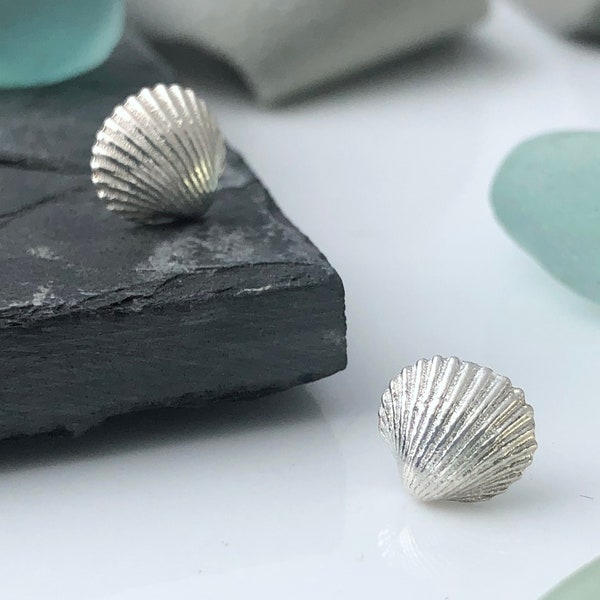 Tiny Solid Silver Shell Studs, these mini fine silver earrings were created from a tiny shell I found. Perfect for beach lovers!