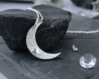 Double Sided Crescent Moon and Star Pendant, Handmade in Fine Silver | A gorgeous lunar necklace with moonscape and star detail