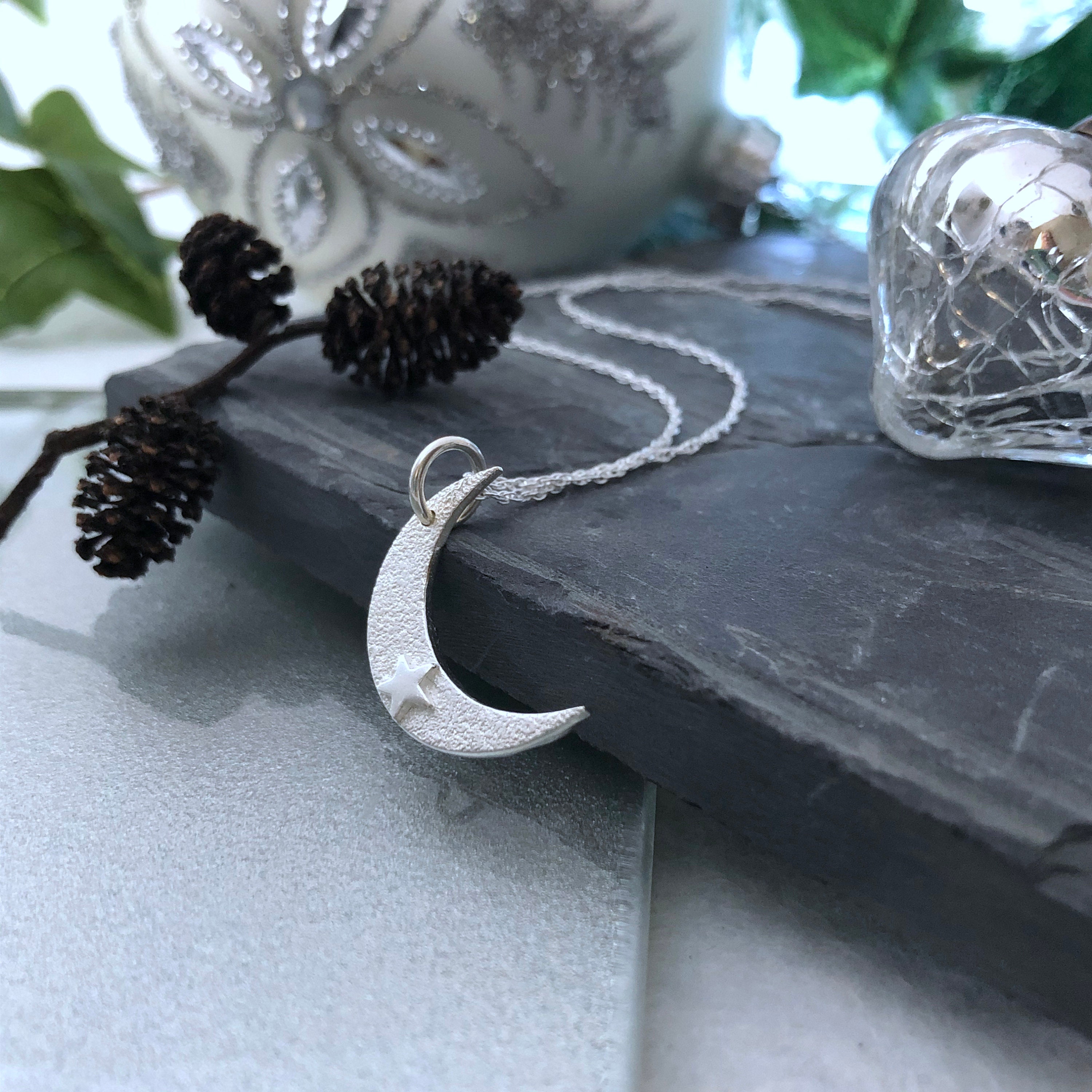 Handmade Fine Silver Crescent Moon Star Pendant Necklace - Etsy