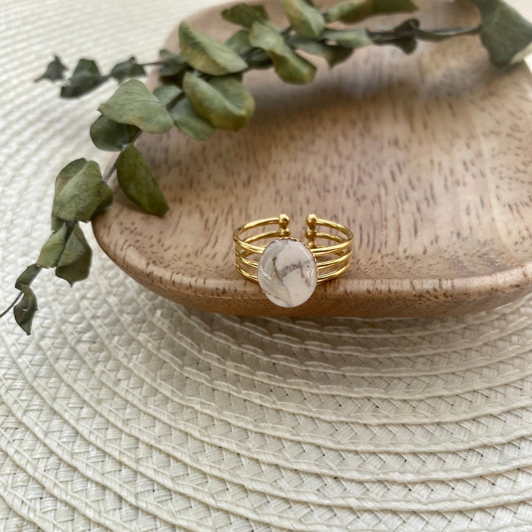 White, Pearl and Gold Polymer Clay Statement Ring - Adjustable Ring ...