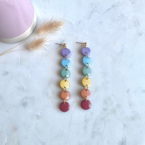 Rainbow Clay Earrings - long dangle earrings - colorful - fun - rainbow - handmade polymer clay earrings