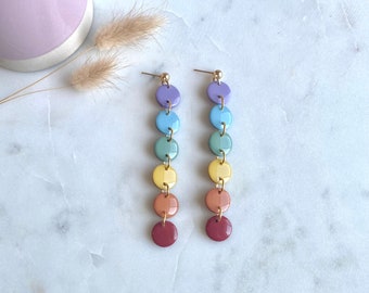 Rainbow Clay Earrings - long dangle earrings - colorful - fun - rainbow - handmade polymer clay earrings