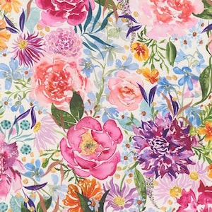 May include: A vibrant floral pattern featuring watercolor-style flowers in shades of pink, purple, orange, and blue. The design includes peonies, daisies, and other blooms with green foliage against a cream background. This pattern is suitable for fabric or wallpaper.