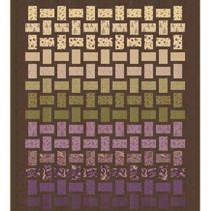 May include: A woven-style quilt with a brown border. The quilt features a gradient design, transitioning from beige and floral patterns at the top to shades of green, purple, and paisley prints at the bottom. The design is made of rectangular blocks.
