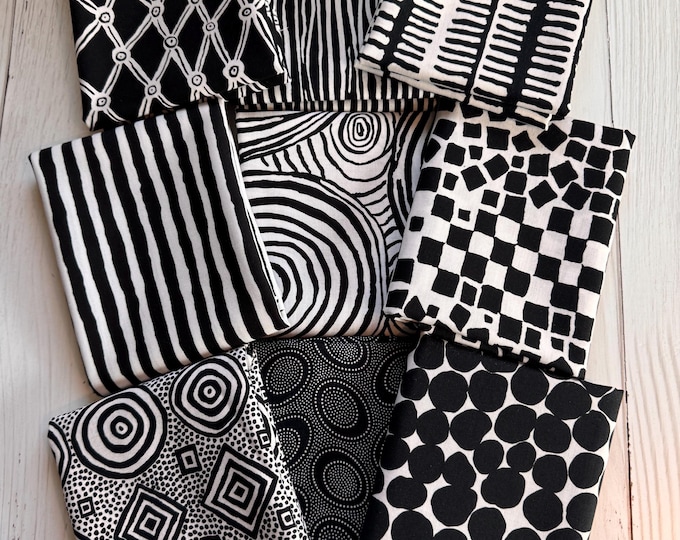 Featured listing image: Kaffe Fassett Fat Quarters FQ 18 x 22- Black and White Quilters Cotton Fabric, 9 pieces Stash Builder