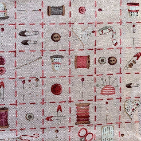 Quilting Bee by Debbie Taylor Kerman for Henry Glass and Co. Pink background with sewing notions 100% Quilting Cotton Fabric out of print