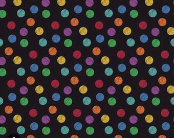 I dream of Coler by Riley Blake, patten C8803 Black OOP. Black background with multi color polka dots, soldby the yard