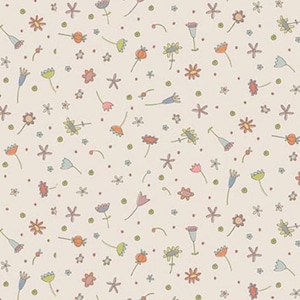 May include: A seamless pattern featuring a variety of colorful flowers and floral designs on a white background. The flowers are drawn in a simple, whimsical style and include a variety of shapes and sizes.