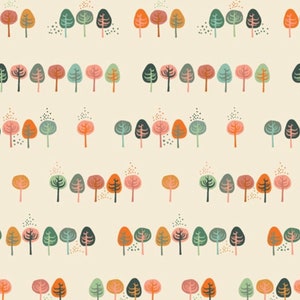 May include: A seamless pattern featuring a repeating design of stylized trees in various shades of orange, pink, green, and brown. The trees are arranged in rows against a cream-colored background.
