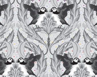 Tula Pink's Huffin & Puffin - Whisper, Graywork Fabric, By the yard, Puffin or Seabird Fabric
