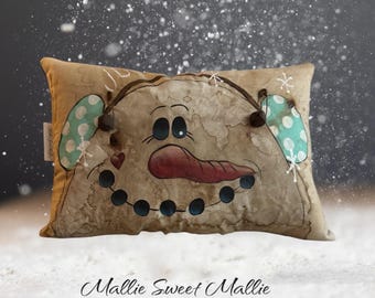 Primitive, Rustic, Winter,Snowgirl pillow Glam
