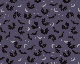 Spooky Hollow by Riley Blake-SC 10572- Purple Sparkle Bats and Moons and Stars-Sold by the yard- Halloween Fabric