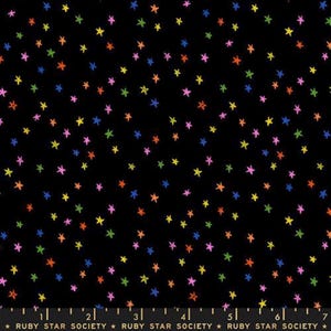 May include: Black fabric with a scattered pattern of colorful stars in shades of pink, yellow, green, orange, and blue. The text "RUBY STAR SOCIETY" is printed at the bottom of the image.