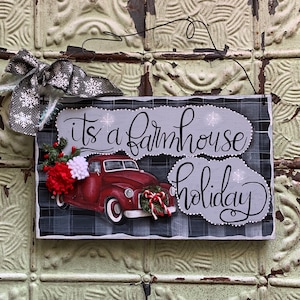 Hand Painted Farmhouse Christmas Wood Sign: Red Truck & Felt Flowers