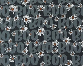 Noir MIDNIGHT: 11544 23 - by Alli K Design for Moda Fabric White Daisies, grey Boo and black background sold in 1 yard increments
