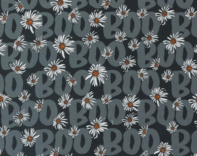 Featured listing image: Noir MIDNIGHT: 11544 23 - by Alli K Design for Moda Fabric White Daisies, grey Boo and black background sold in 1 yard increments
