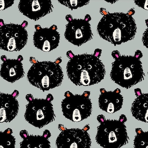 May include: A seamless pattern featuring black bear faces with white noses and eyes, and pink and orange ears, on a light gray background.