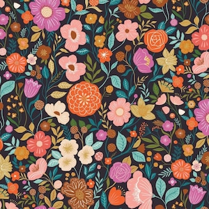 May include: A seamless pattern featuring a variety of colorful flowers and leaves on a dark background. The flowers are in shades of pink, red, orange, yellow, and white. The leaves are in shades of green and brown.