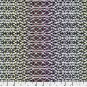 May include: A vibrant fabric featuring a repeating pattern of colorful hexagons. Each hexagon is outlined in black, creating a honeycomb-like design. The colors transition from yellow to purple, offering a visually dynamic and modern aesthetic.