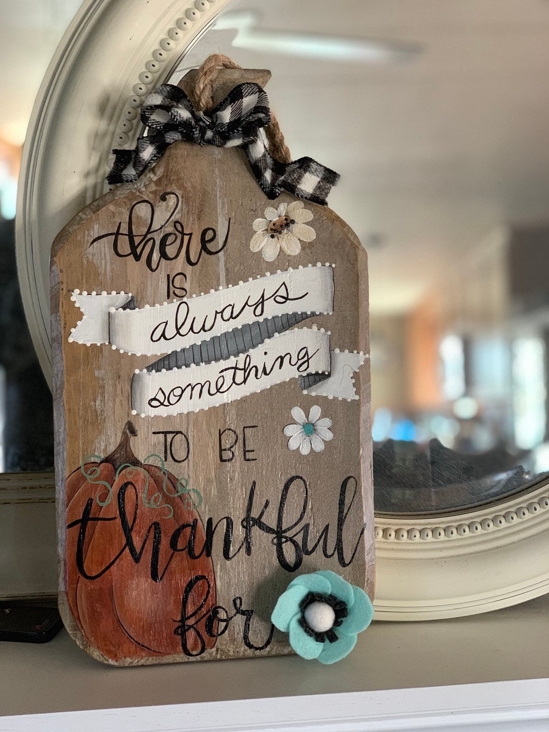 Fall Thankful Sign Hand Painted Fall Sign, Rustic Pumpkin Wood Board (14x8