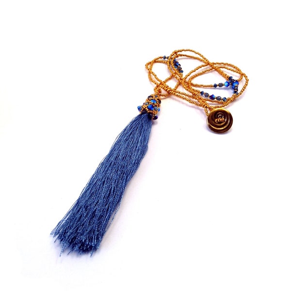 Long necklace "Boheme" steel blue and gold - hand-threaded tassel pearl necklace in Indian style