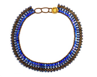 Necklace "Teje" in royal blue and bronze - handcrafted pearl necklace with Swarovski crystals