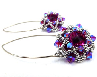 “Audrey G” earrings in fuchsia – hand-threaded pearl earrings with Swarovski crystals