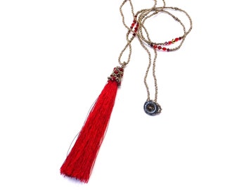 Long necklace "Boheme" blood red antique silver - Indian style pearl necklace