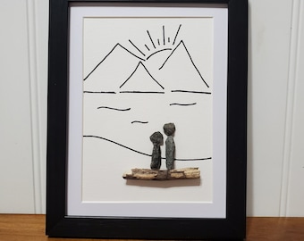 Mountain Sunset Framed Pebble Art