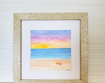 Beach Watercolor in Gold Glitter Frame