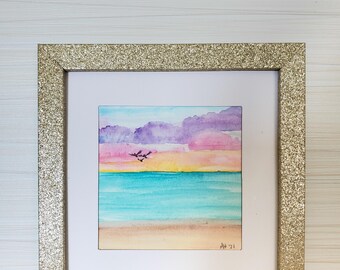 Beach Watercolor in Gold Glitter Frame