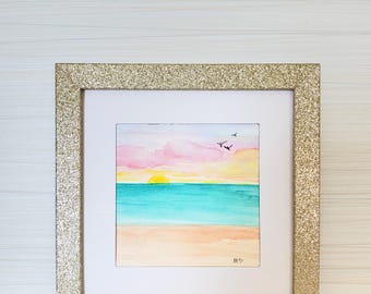 Beach Watercolor in Gold Glitter Frame
