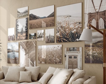 Gallery Wall Set of 14, Rustic Gallery Wall, Nature Wall Art, Botanical Art Print, New York City Print, Nature Art Prints, Beige Brown print