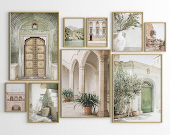 Gallery Wall Set of 9, Green Indian Door, Nature Wall Art, Olive Tree Art Print, Botanical Art Print, Italy Art Print, Europe Travel Print