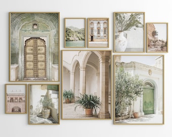 Ensemble de mur de galerie de 9, porte indienne verte, art de mur de nature, impression d'art d'olivier, impression d'art botanique, impression d'art d'Italie, impression de voyage de l'Europe