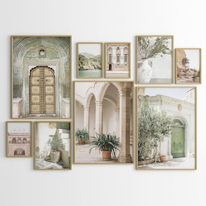 Ensemble mural de 9 galerie, porte verte indienne, art mural nature, impression d&#39;art olivier, impression d&#39;art botanique, impression d&#39;art Italie, impression voyage Europe