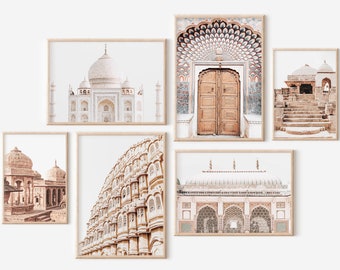 May include: A set of six printable art prints featuring various architectural landmarks in India. The prints showcase intricate details of the Taj Mahal, Hawa Mahal, and other iconic structures. The prints are in a neutral color palette of beige, white, and brown.