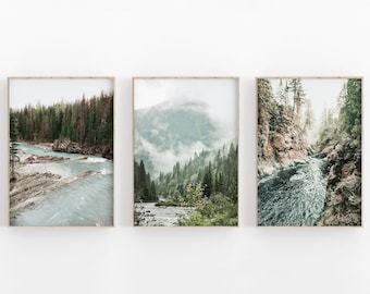 Nature Print Set of 3, River Forest, National Park, Modern Minimalist Poster, Forest Pine Tree Print, Photography, Photography Wall Art