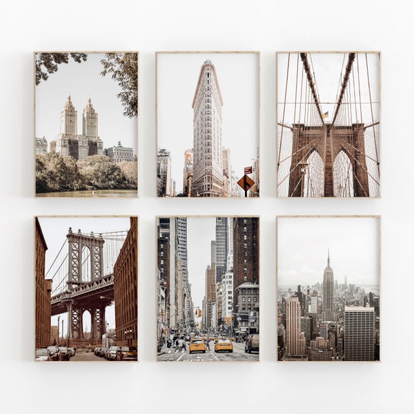 New York City Set of 6, New York Photo Print, Central Park Wall Art, Flatiron Art Print, Brooklyn Bridge, New York Home Decor, Manhattan Art