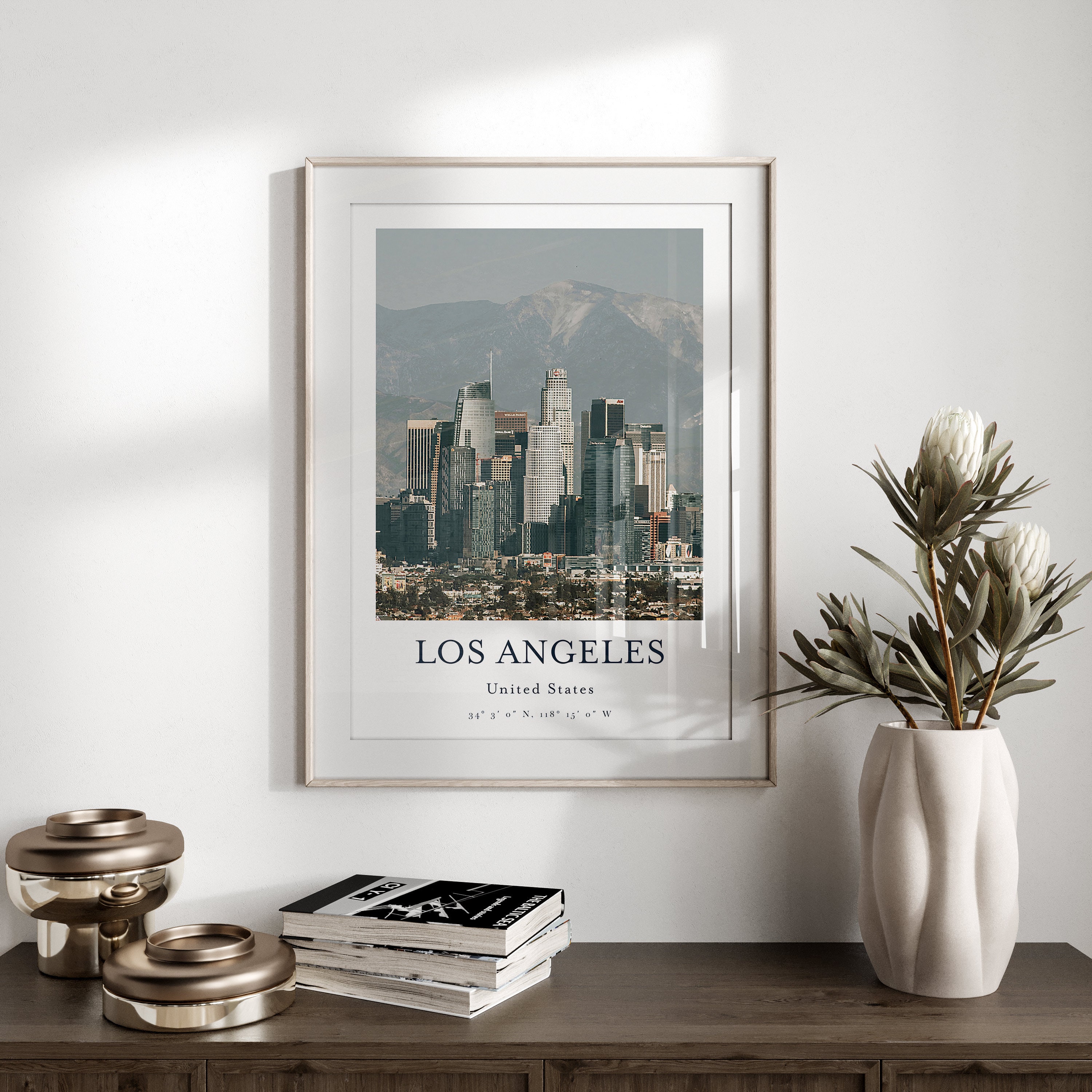 ロサンゼルスのスカイラインプリント：街のヤシの木のウォールアート